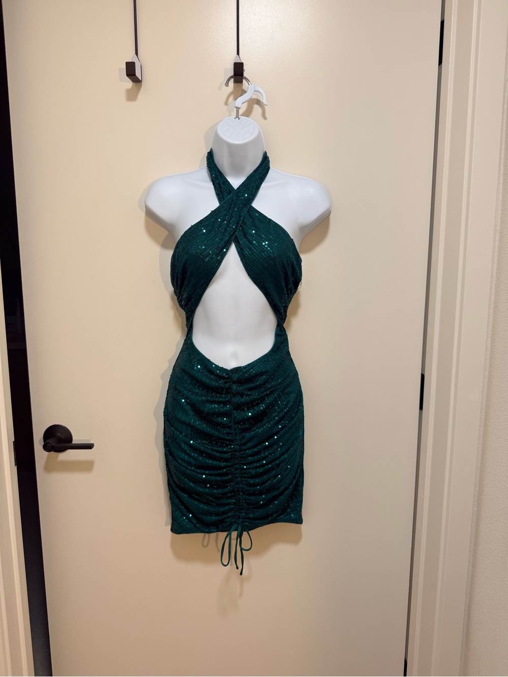 Fashion Nova Emerald Green Sequin Cross Halter Cutout Mini Dress